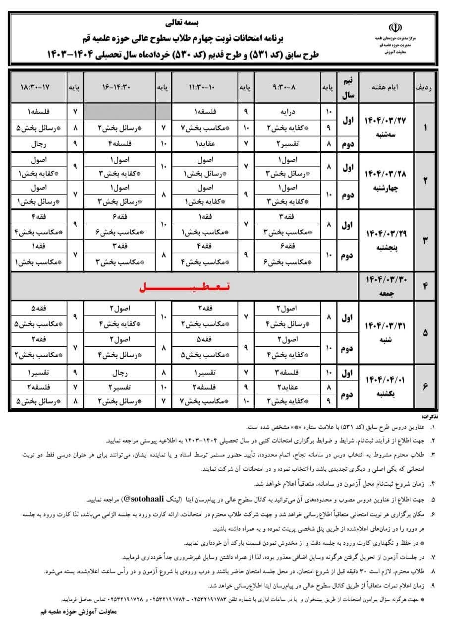 م/ جزئیات برگزاری نوبت چهارم امتحانات سطوح عالی حوزه علمیه قم